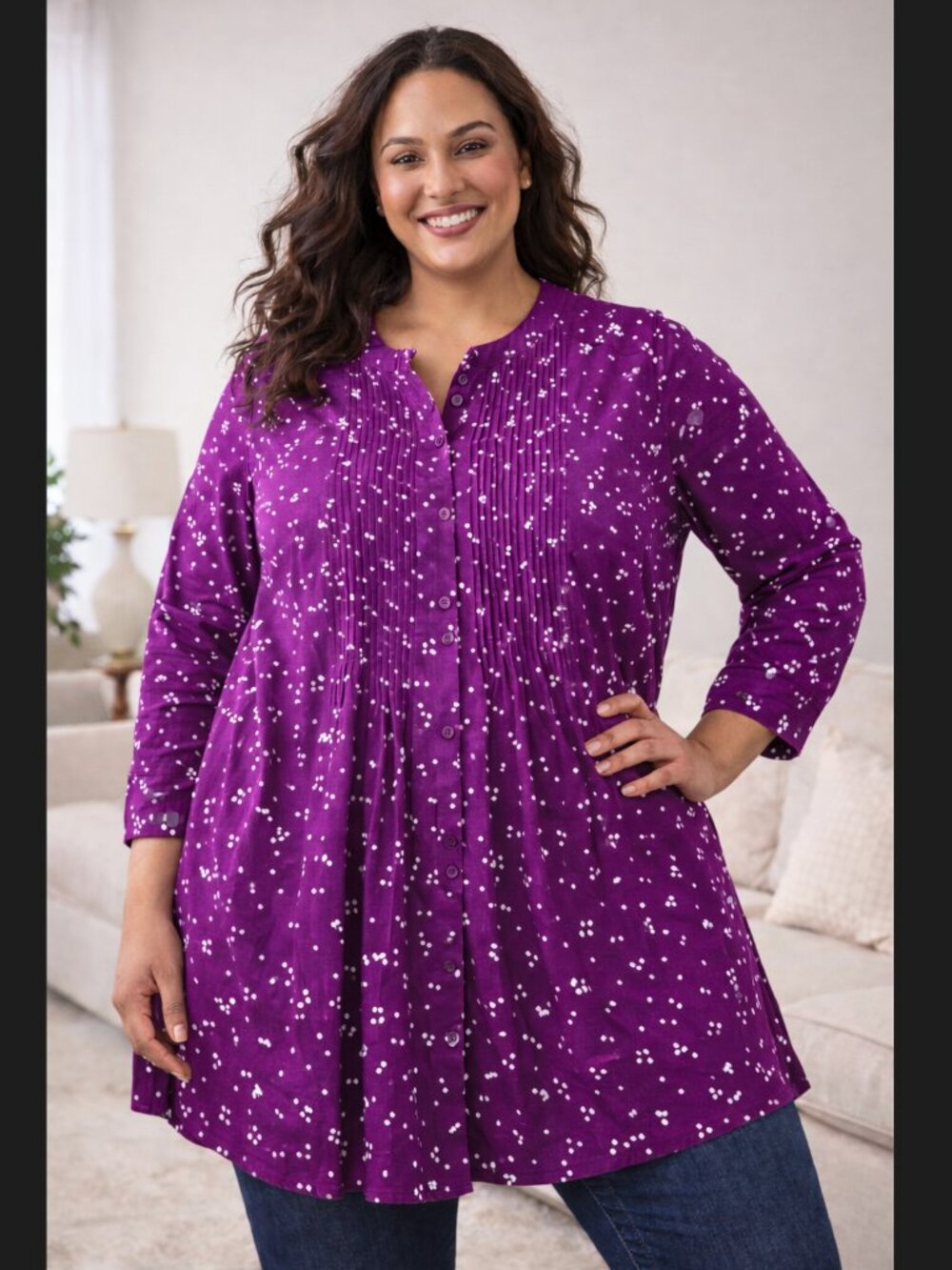 Woman Within Tunic 2X Purple Dot Pleated Cotton Button Up Long Sleeve Comfy EUC